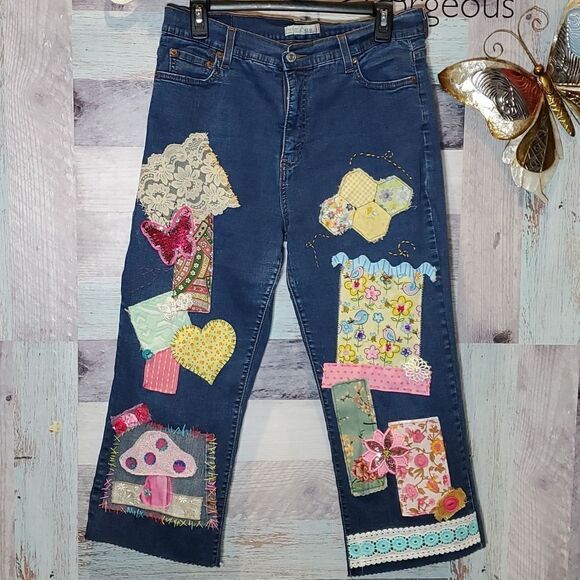 Upcycled Levi's Mushrooms Birds Florals Lace Hand Stitched Jeans Sz 14 1023 - Picture 1 of 12